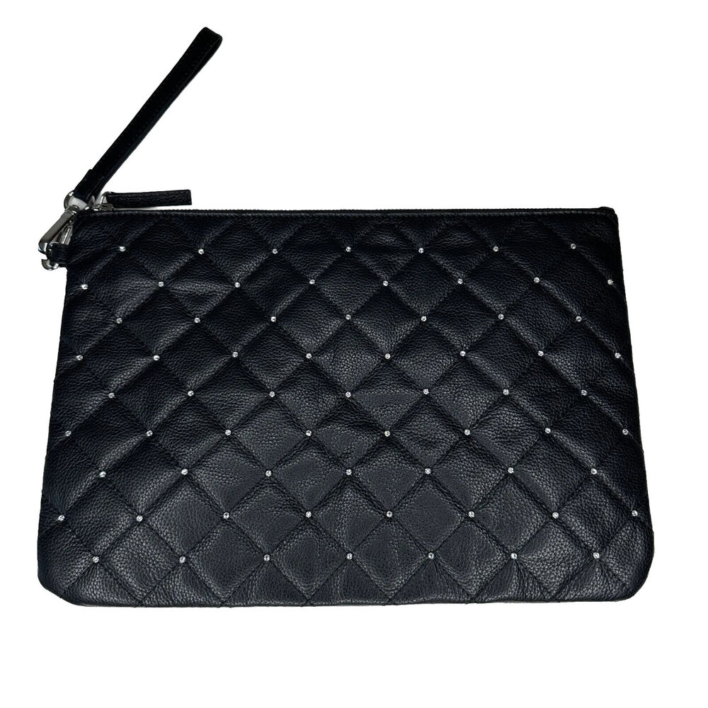 NIB Swarovski Black Quilted Leather & Crystals Zip Close Leather Strap Clutch